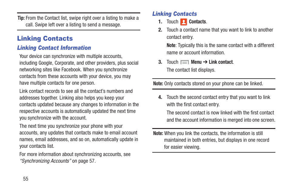 Linking contacts | Samsung SGH-I527ZKBATT User Manual | Page 62 / 228