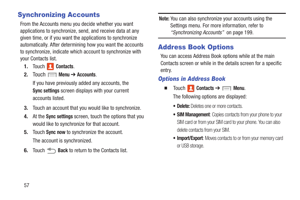 Synchronizing accounts, Address book options, Synchronizing accounts address book options | Samsung SGH-I527ZKBATT User Manual | Page 64 / 228