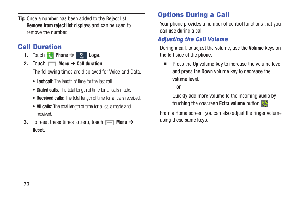 Call duration, Options during a call, Call duration options during a call | Samsung SGH-I527ZKBATT User Manual | Page 80 / 228