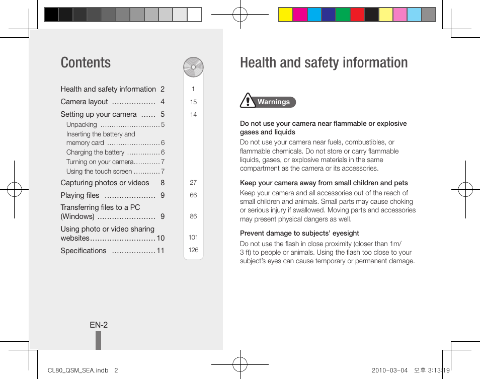 Health and safety information contents | Samsung EC-CL80ZZBPAUS User Manual | Page 2 / 24