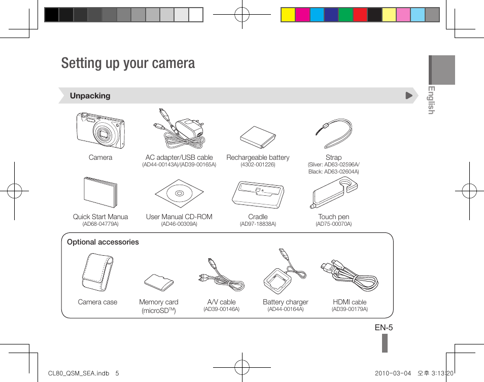 Setting up your camera, English | Samsung EC-CL80ZZBPAUS User Manual | Page 5 / 24