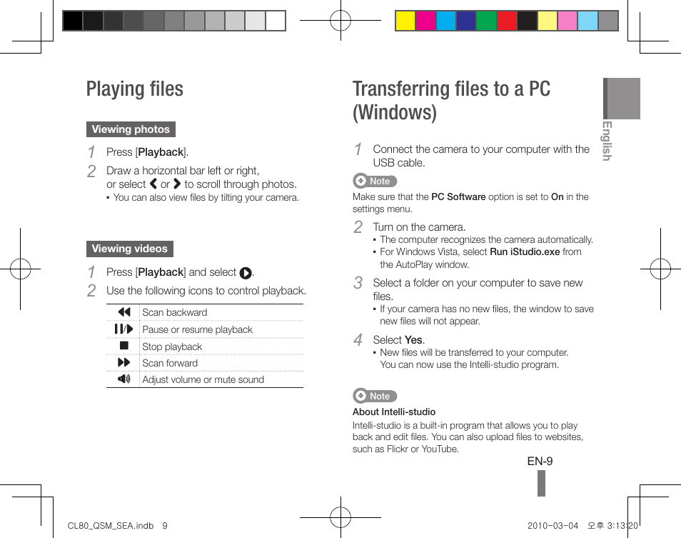 Playing files, Transferring files to a pc (windows) | Samsung EC-CL80ZZBPAUS User Manual | Page 9 / 24