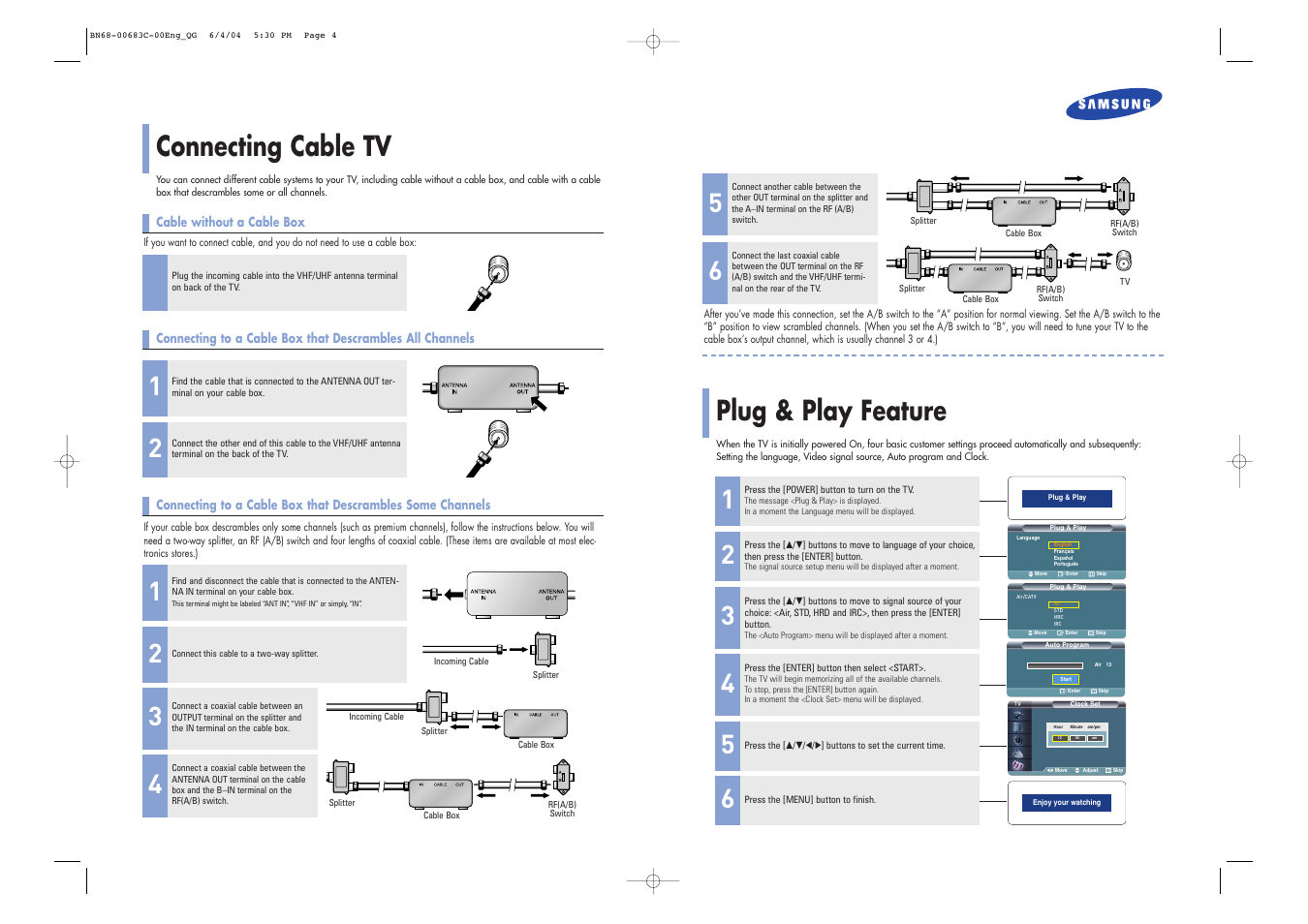 Connecting cable tv, Plug & play feature | Samsung LTP468WX-XAC User Manual | Page 2 / 2