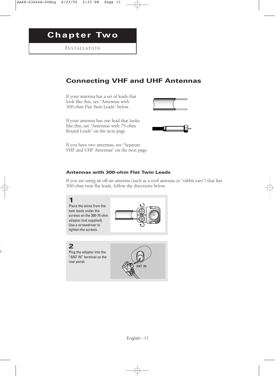 Chapter two : installation, Connecting vhf and uhf antennas, Antennas with 300-ohm flat twin leads | Samsung TXR2765X-XAA User Manual | Page 11 / 68