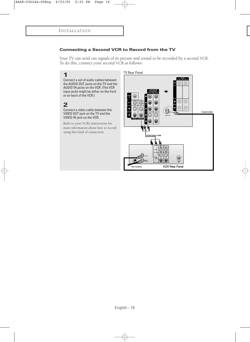 Connecting a second vcr to record from the tv | Samsung TXR2765X-XAA User Manual | Page 16 / 68