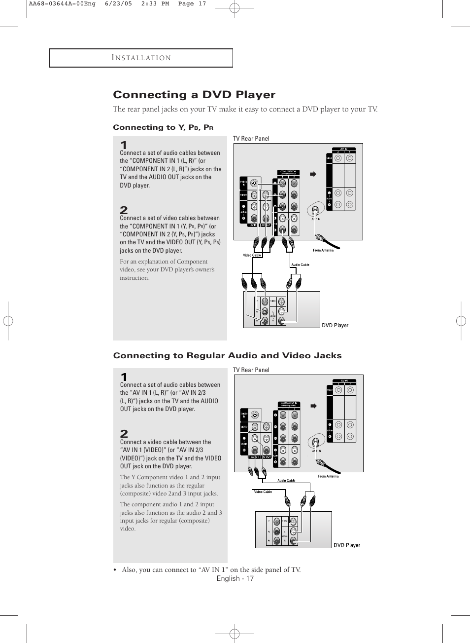 Connecting a dvd player, Connecting to y, pb, pr, Connecting to regular audio and video jacks | Samsung TXR2765X-XAA User Manual | Page 17 / 68