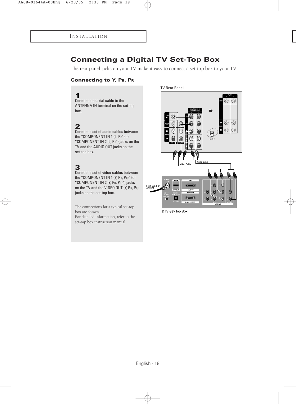 Connecting a digital tv set-top box, Connecting to y, pb, pr | Samsung TXR2765X-XAA User Manual | Page 18 / 68