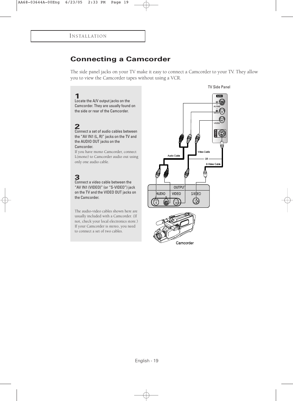 Connecting a camcorder | Samsung TXR2765X-XAA User Manual | Page 19 / 68