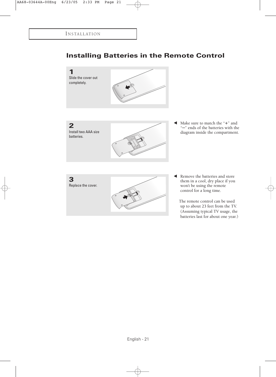 Installing batteries in the remote control | Samsung TXR2765X-XAA User Manual | Page 21 / 68