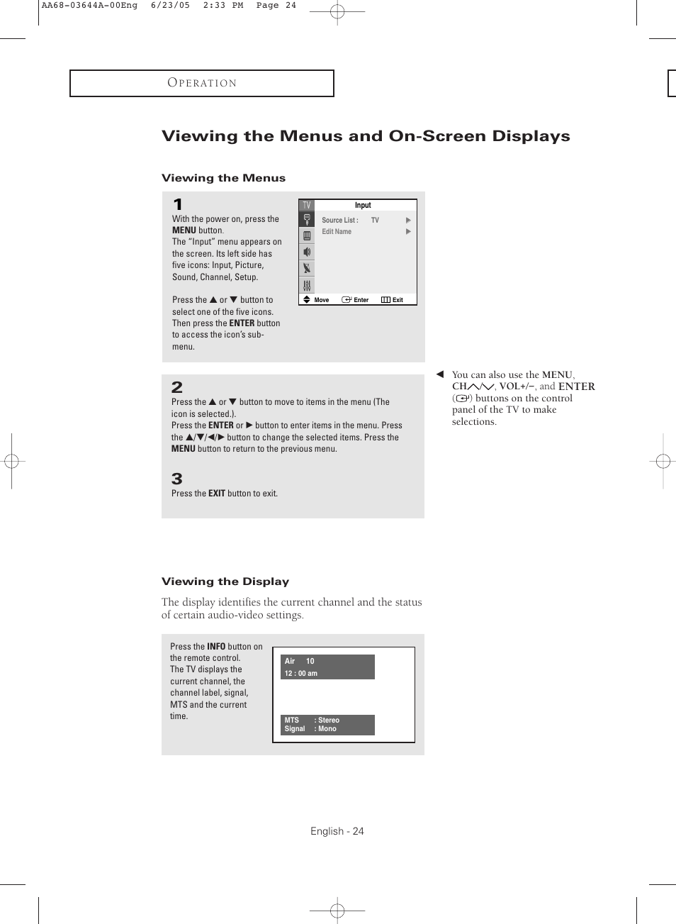 Viewing the menus and on-screen displays, Viewing the menus, Viewing the display | Samsung TXR2765X-XAA User Manual | Page 24 / 68