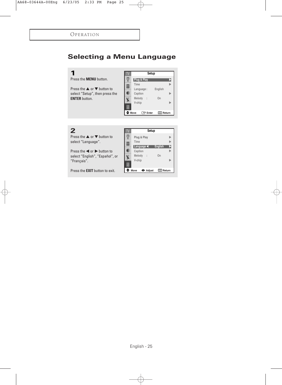 Selecting a menu language | Samsung TXR2765X-XAA User Manual | Page 25 / 68