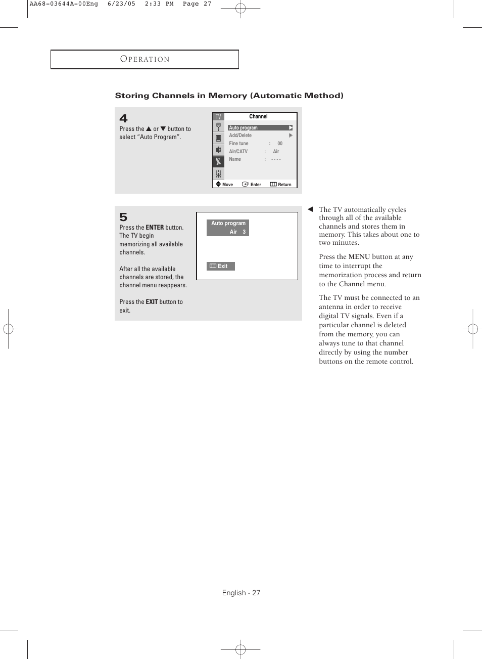 Storing channels in memory (automatic method) | Samsung TXR2765X-XAA User Manual | Page 27 / 68