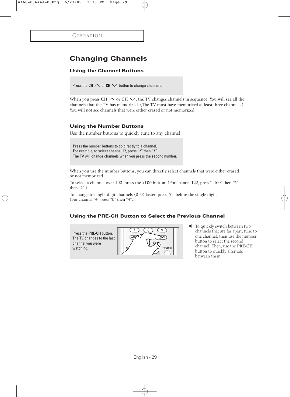 Changing channels, Using the channel buttons, Using the number buttons | Samsung TXR2765X-XAA User Manual | Page 29 / 68