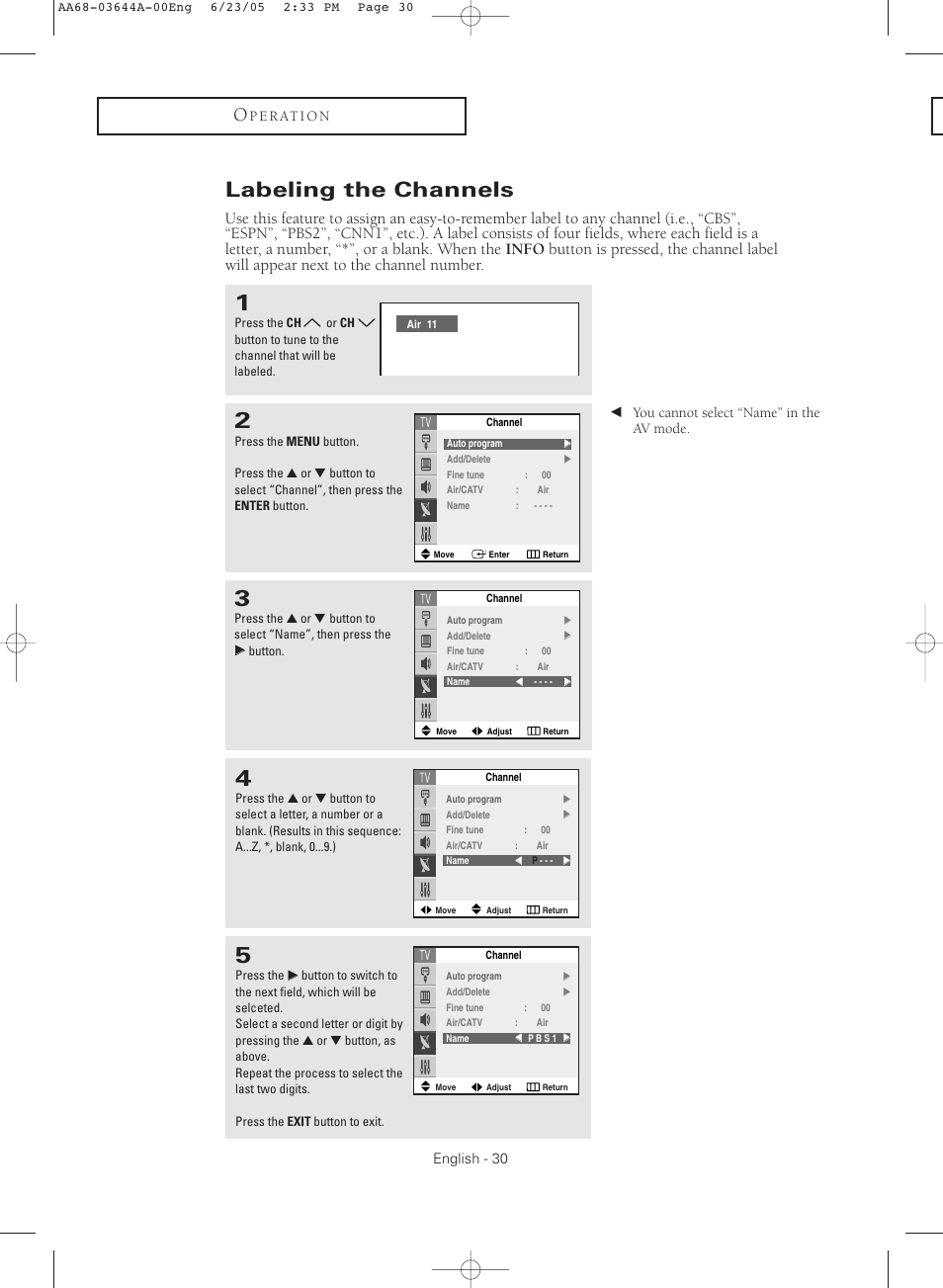 Labeling the channels | Samsung TXR2765X-XAA User Manual | Page 30 / 68