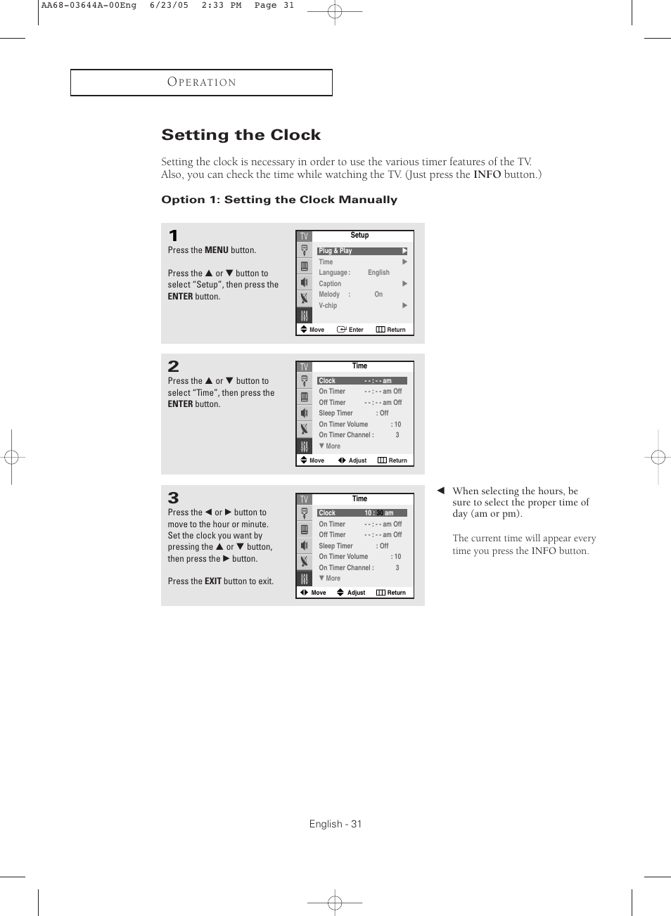 Setting the clock, Option 1: setting the clock manually | Samsung TXR2765X-XAA User Manual | Page 31 / 68