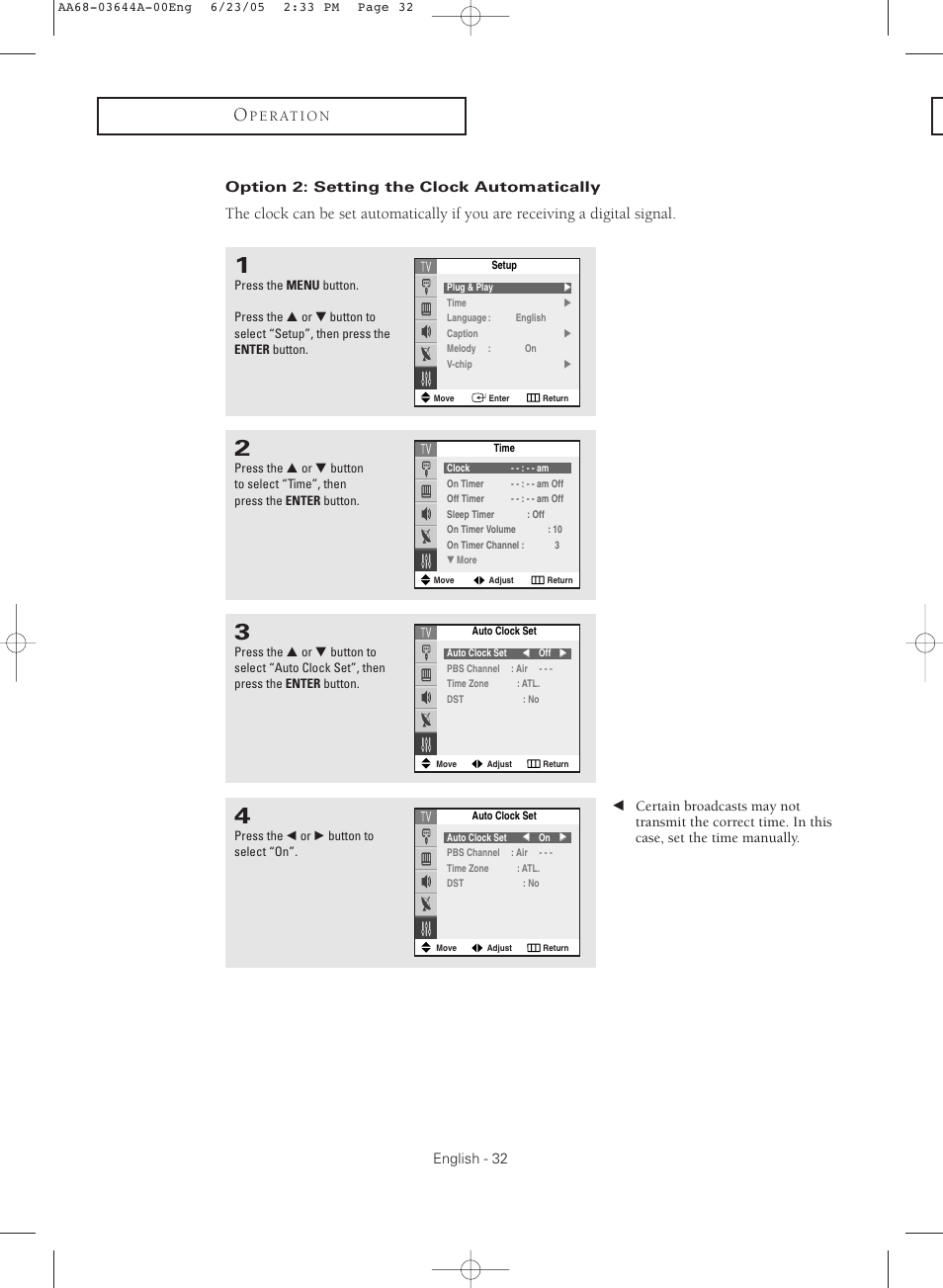 Option 2: setting the clock automatically | Samsung TXR2765X-XAA User Manual | Page 32 / 68