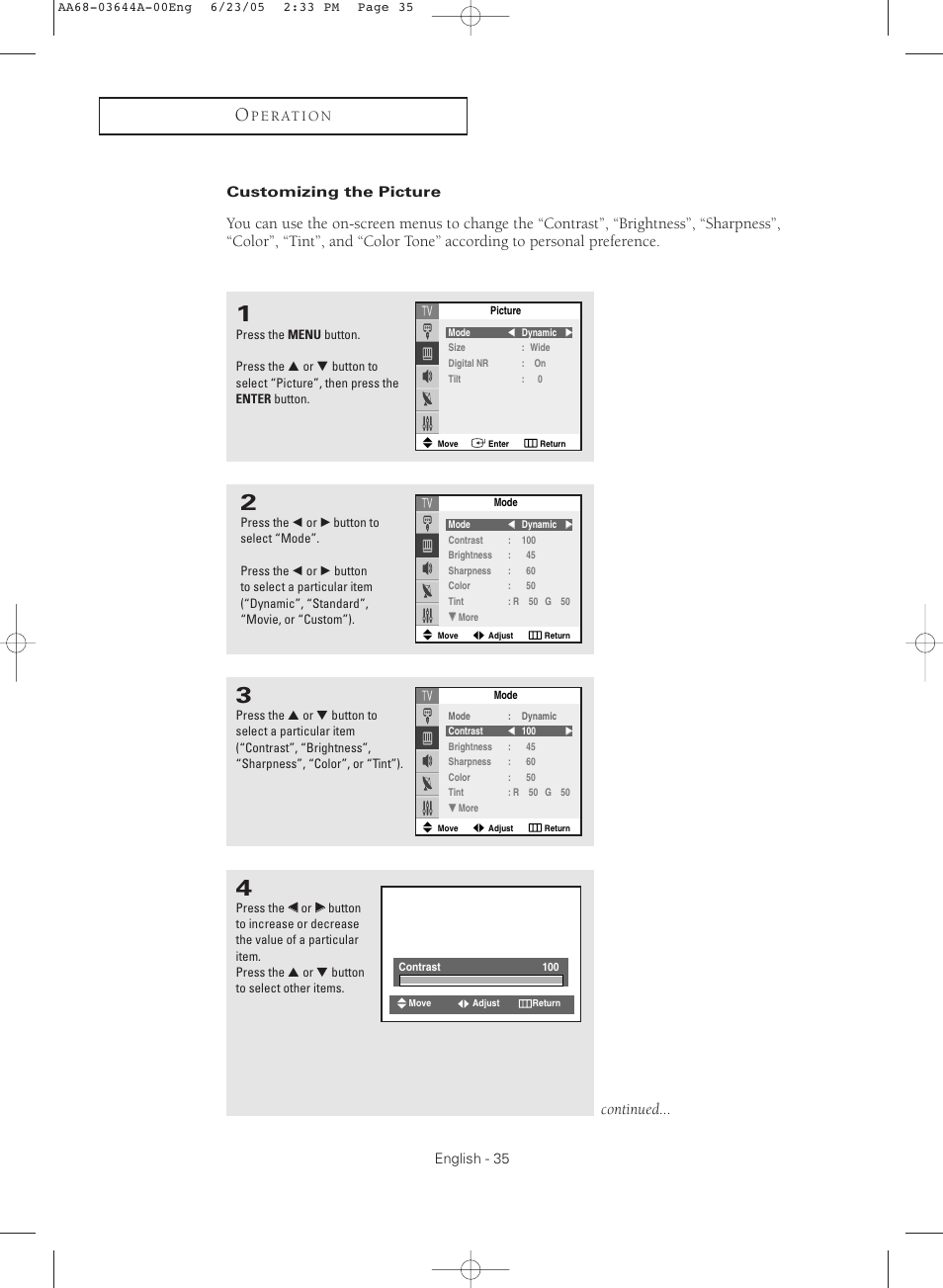 Customizing the picture, Continued | Samsung TXR2765X-XAA User Manual | Page 35 / 68