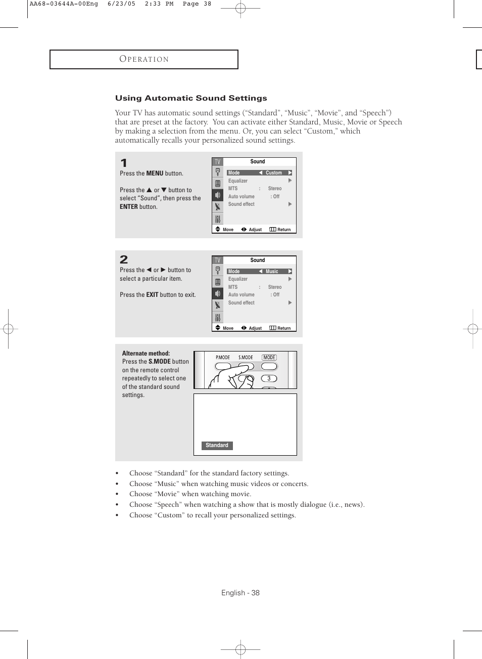 Using automatic sound settings | Samsung TXR2765X-XAA User Manual | Page 38 / 68