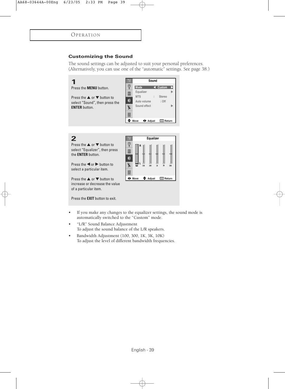 Customizing the sound | Samsung TXR2765X-XAA User Manual | Page 39 / 68