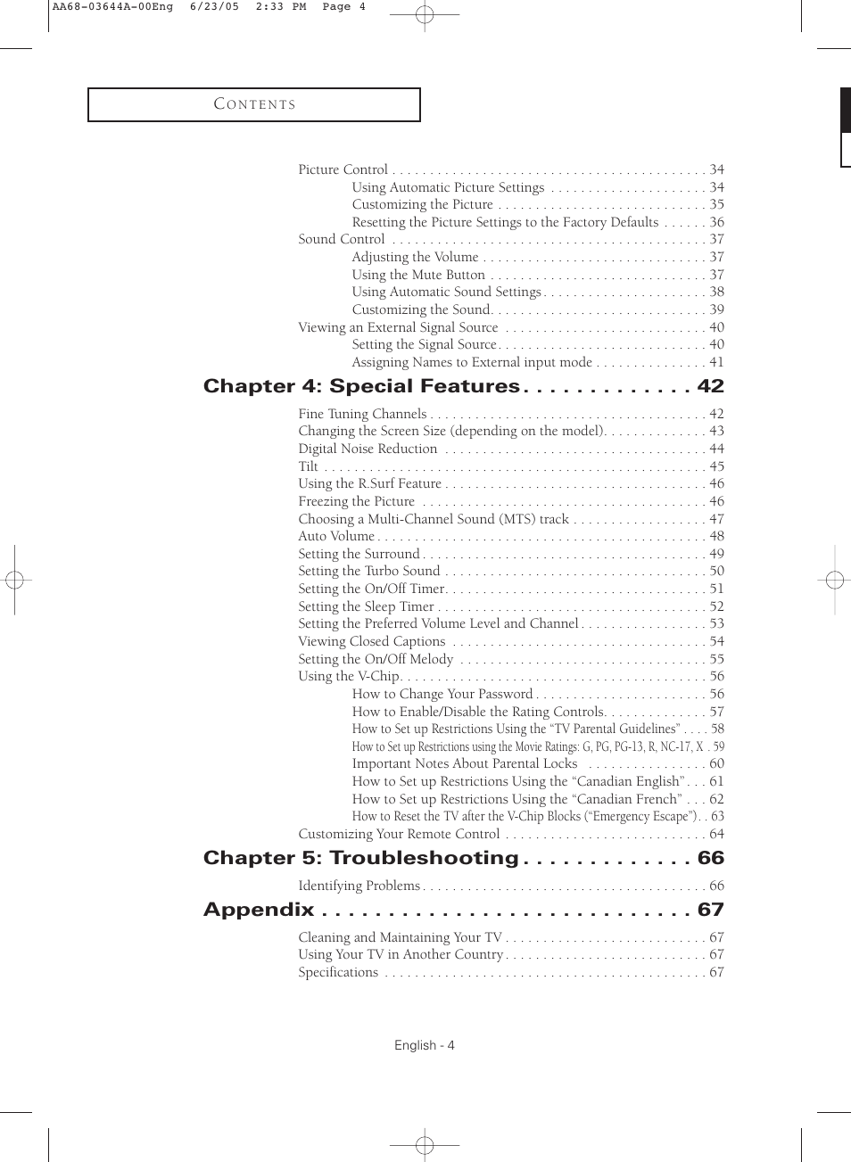 Chapter 4: special features, Chapter 5: troubleshooting, Appendix | Samsung TXR2765X-XAA User Manual | Page 4 / 68