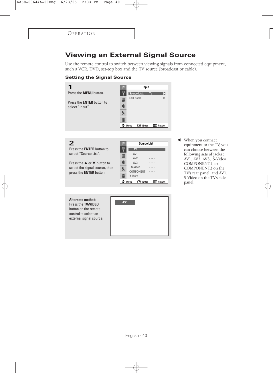 Viewing an external signal source, Setting the signal source | Samsung TXR2765X-XAA User Manual | Page 40 / 68