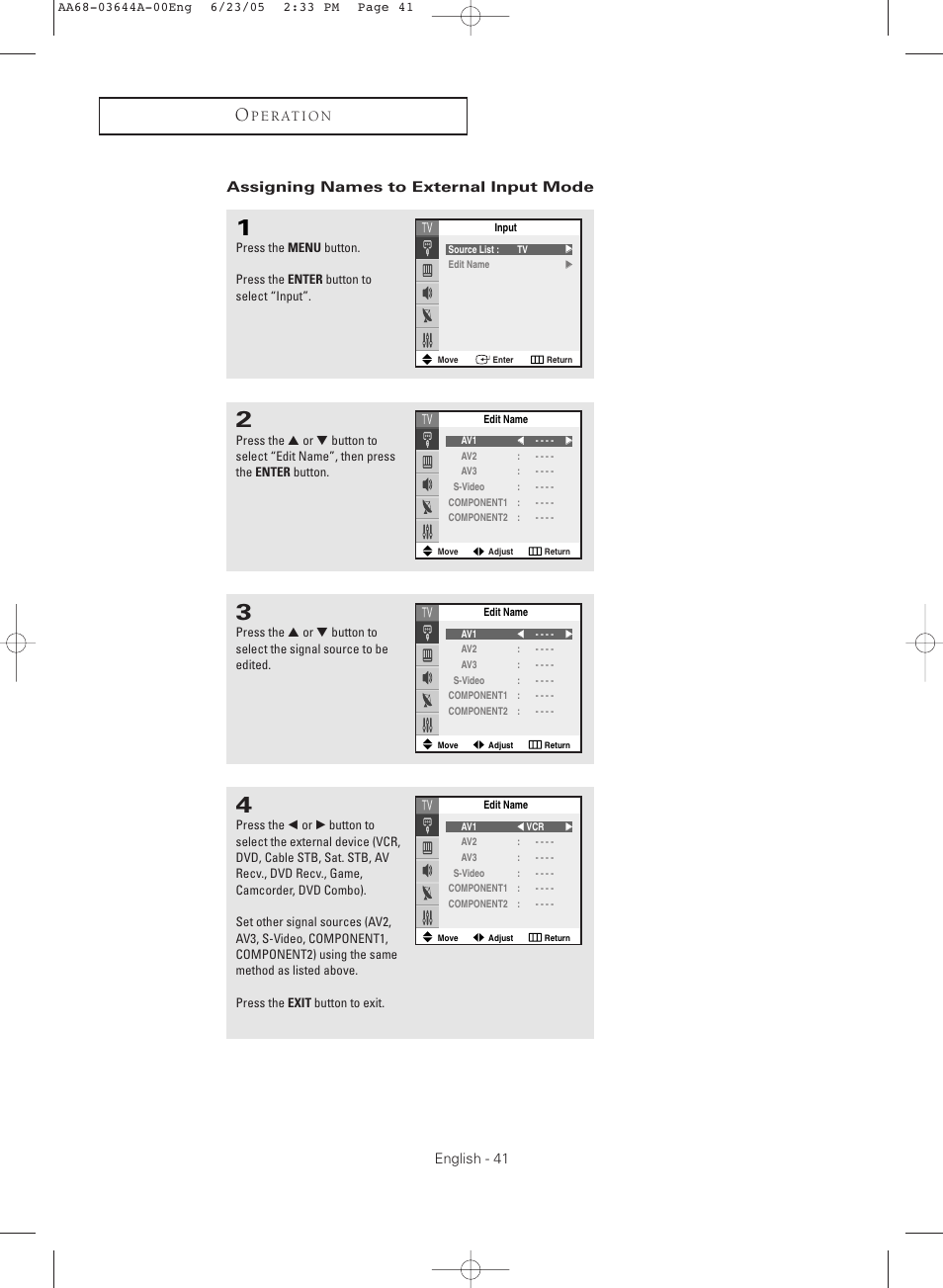 Assigning names to external input mode | Samsung TXR2765X-XAA User Manual | Page 41 / 68