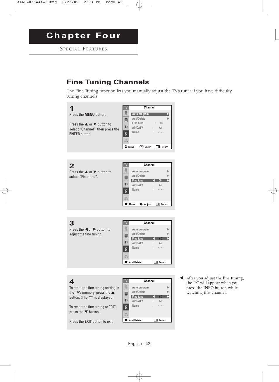 Chapter four : special features, Fine tuning channels | Samsung TXR2765X-XAA User Manual | Page 42 / 68