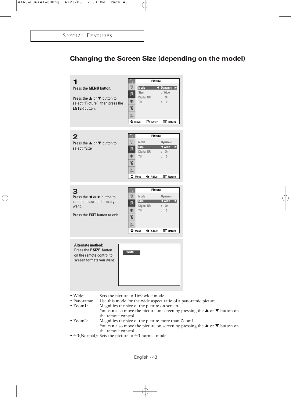 Changing the screen size (depending on the model) | Samsung TXR2765X-XAA User Manual | Page 43 / 68