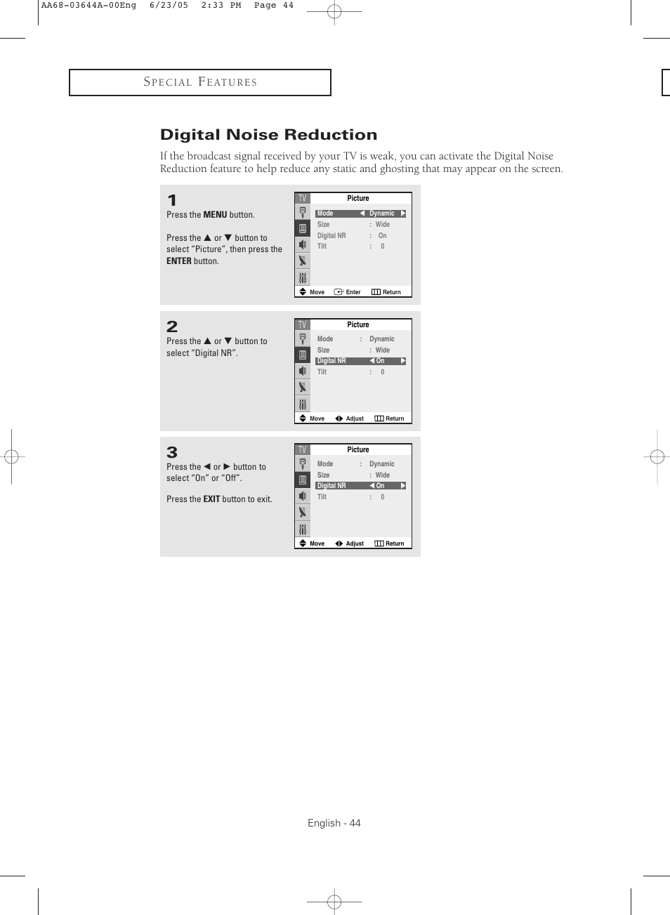 Digital noise reduction | Samsung TXR2765X-XAA User Manual | Page 44 / 68