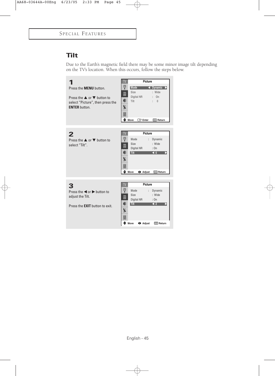 Tilt | Samsung TXR2765X-XAA User Manual | Page 45 / 68