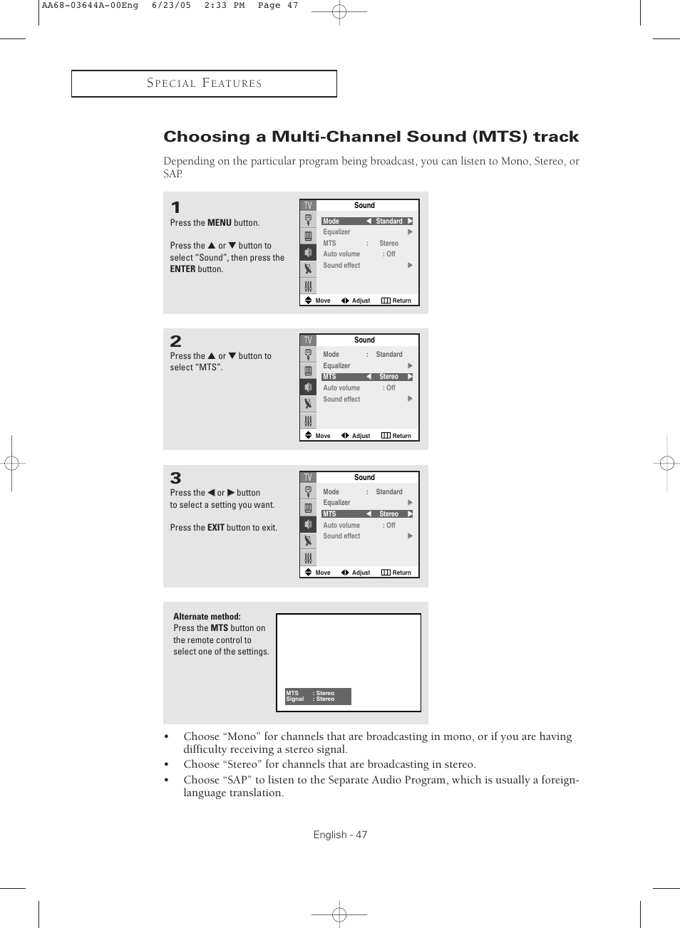 Choosing a multi-channel sound (mts) track | Samsung TXR2765X-XAA User Manual | Page 47 / 68