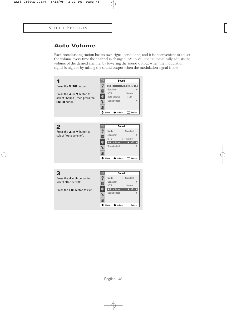 Auto volume | Samsung TXR2765X-XAA User Manual | Page 48 / 68