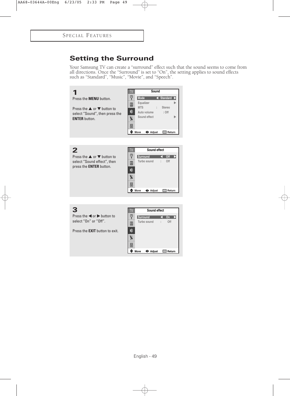 Setting the surround | Samsung TXR2765X-XAA User Manual | Page 49 / 68