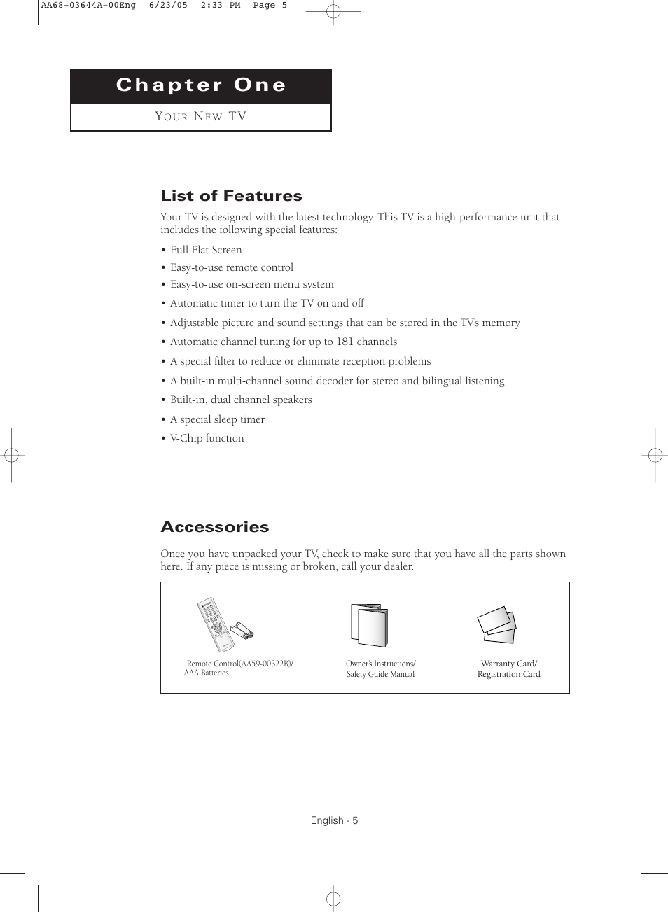 Chapter one : your new tv, List of features, Accessories | Samsung TXR2765X-XAA User Manual | Page 5 / 68