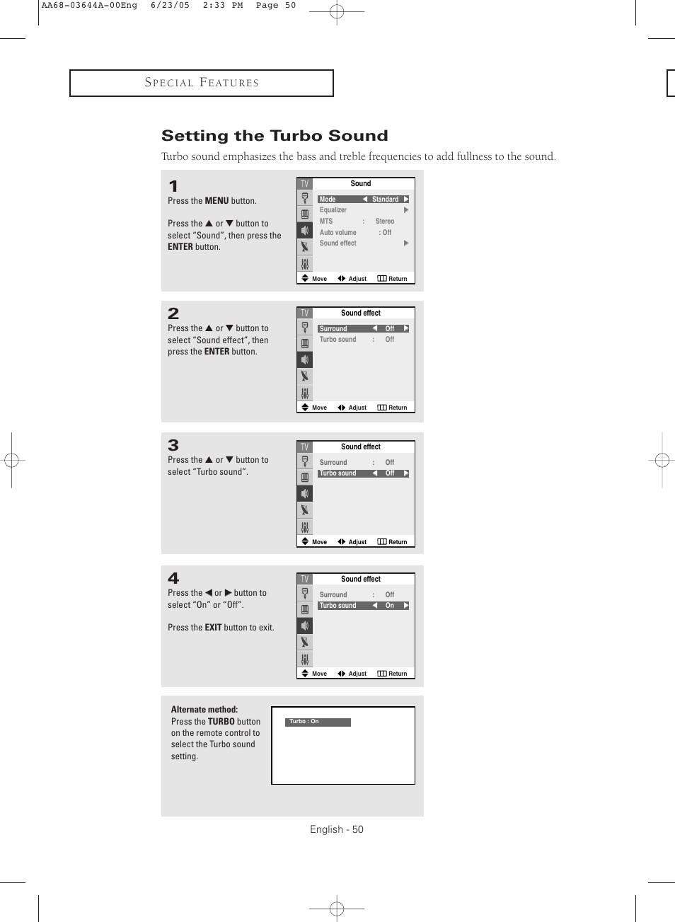 Setting the turbo sound | Samsung TXR2765X-XAA User Manual | Page 50 / 68