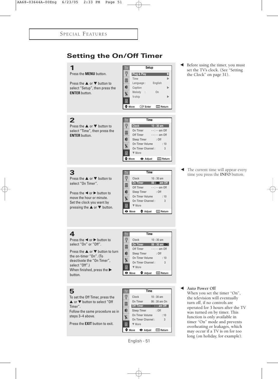 Setting the on/off timer | Samsung TXR2765X-XAA User Manual | Page 51 / 68