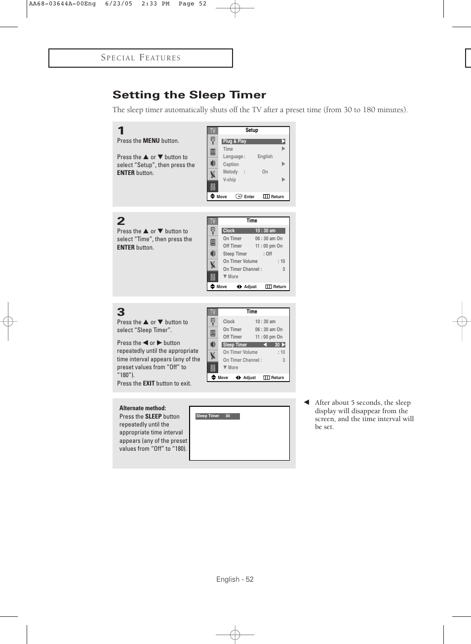 Setting the sleep timer | Samsung TXR2765X-XAA User Manual | Page 52 / 68