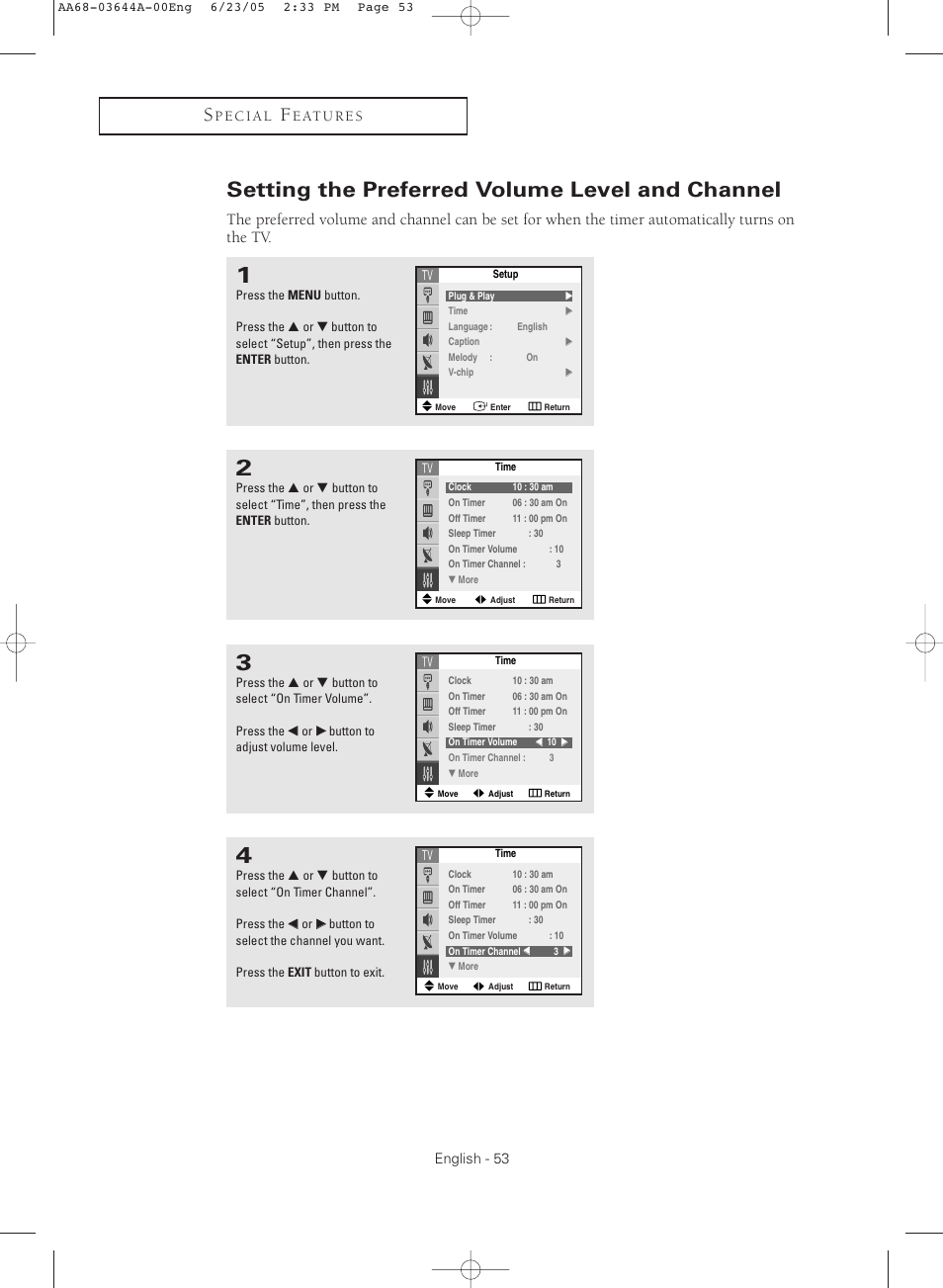 Setting the preferred volume level and channel | Samsung TXR2765X-XAA User Manual | Page 53 / 68