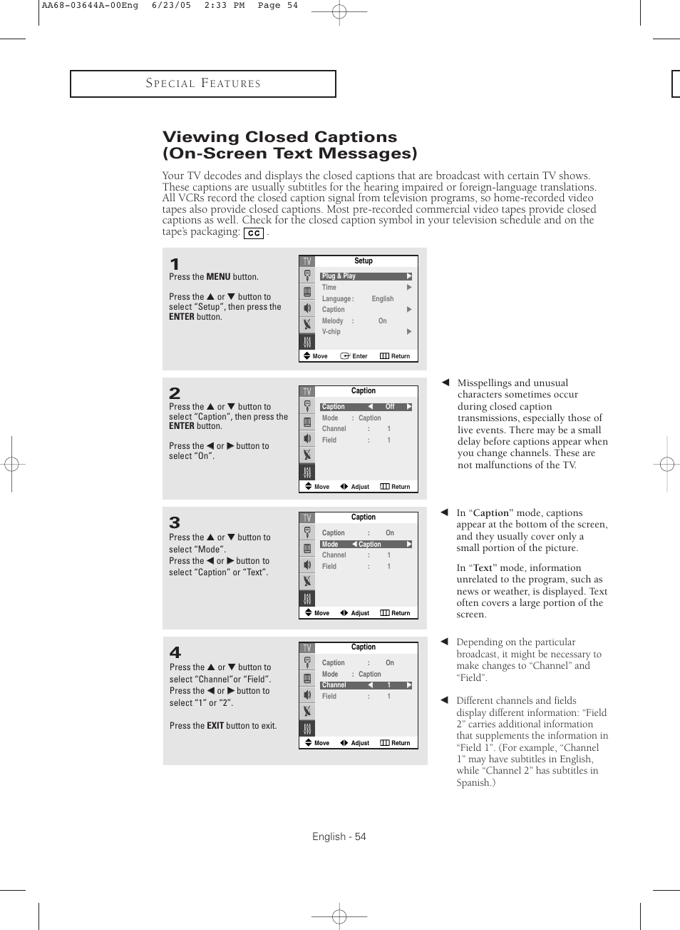 Viewing closed captions( on-screen text messages), Viewing closed captions (on-screen text messages) | Samsung TXR2765X-XAA User Manual | Page 54 / 68