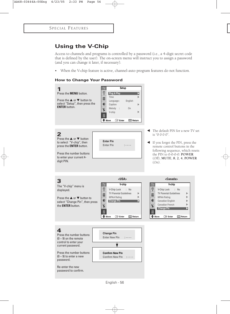 Using the v-chip, How to change your password | Samsung TXR2765X-XAA User Manual | Page 56 / 68