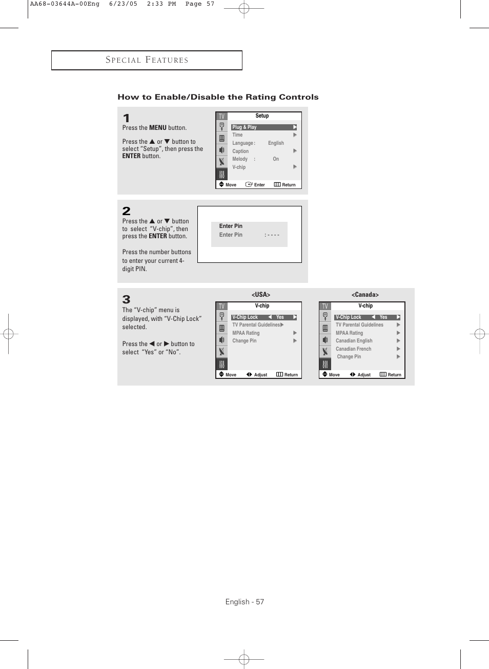 How to enable/disable the rating controls | Samsung TXR2765X-XAA User Manual | Page 57 / 68