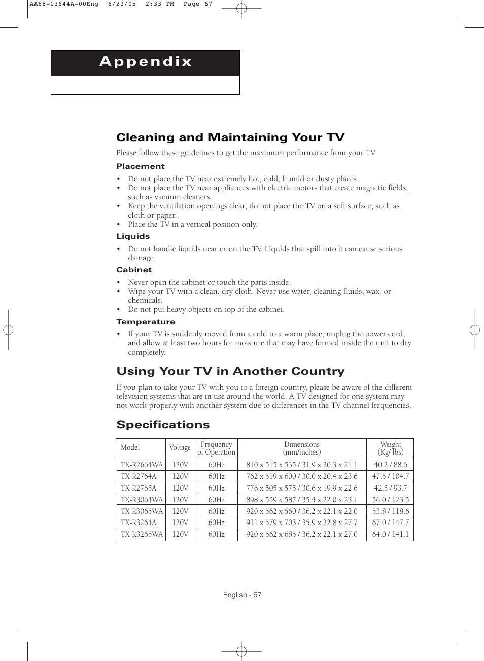 Appendix, Cleaning and maintaining your tv, Using your tv in another country | Specifications | Samsung TXR2765X-XAA User Manual | Page 67 / 68