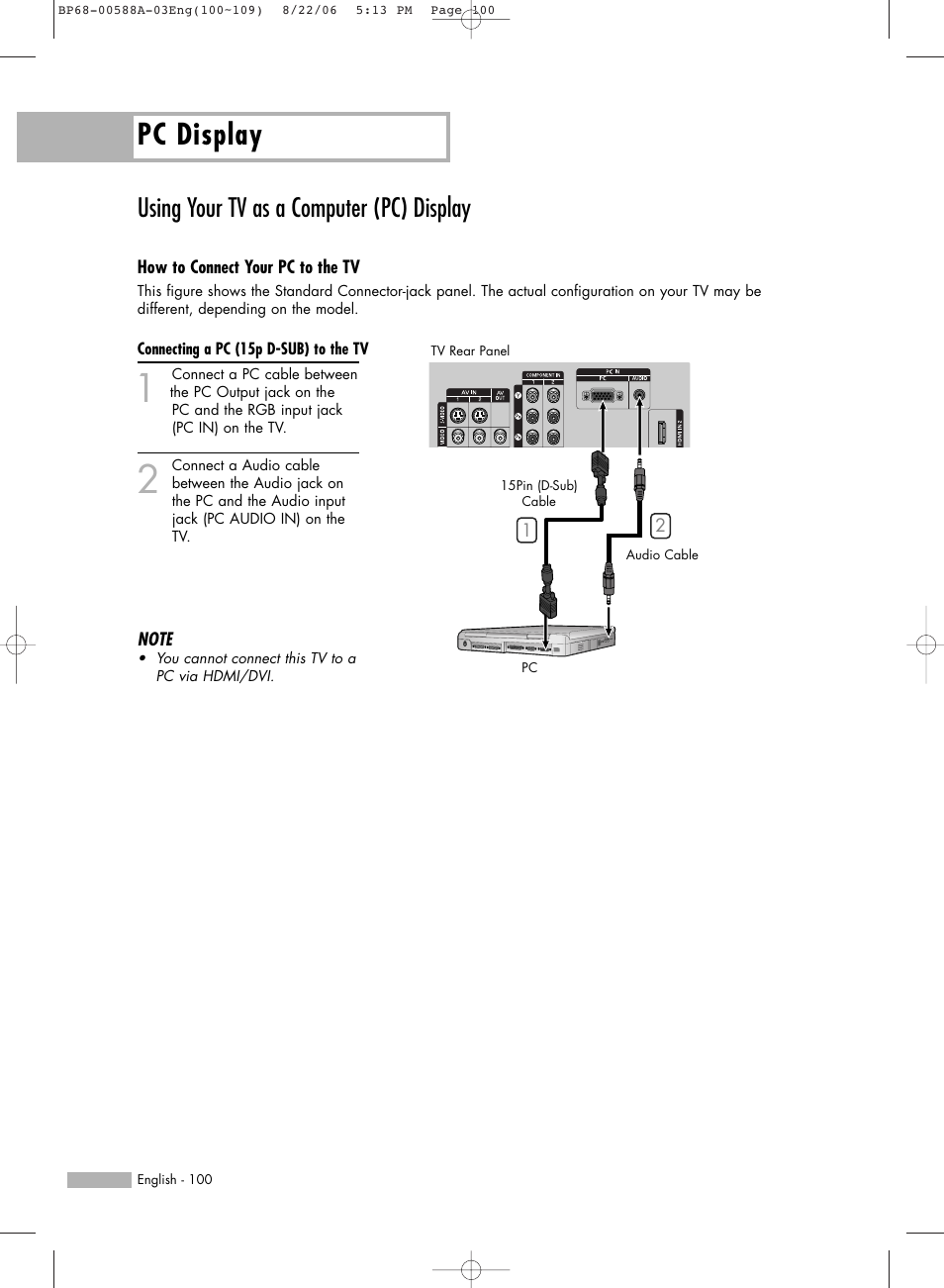 Pc display, Using your tv as a computer (pc) display | Samsung HLS5687WX-XAC User Manual | Page 100 / 132