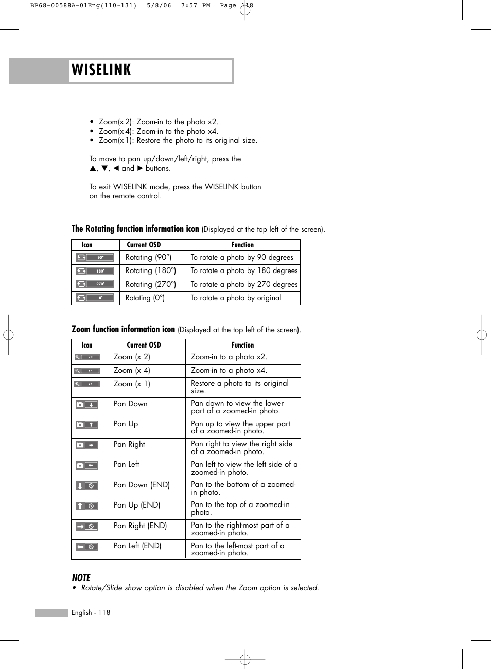 Wiselink, Zoom function information icon, The rotating function information icon | Samsung HLS5687WX-XAC User Manual | Page 118 / 132