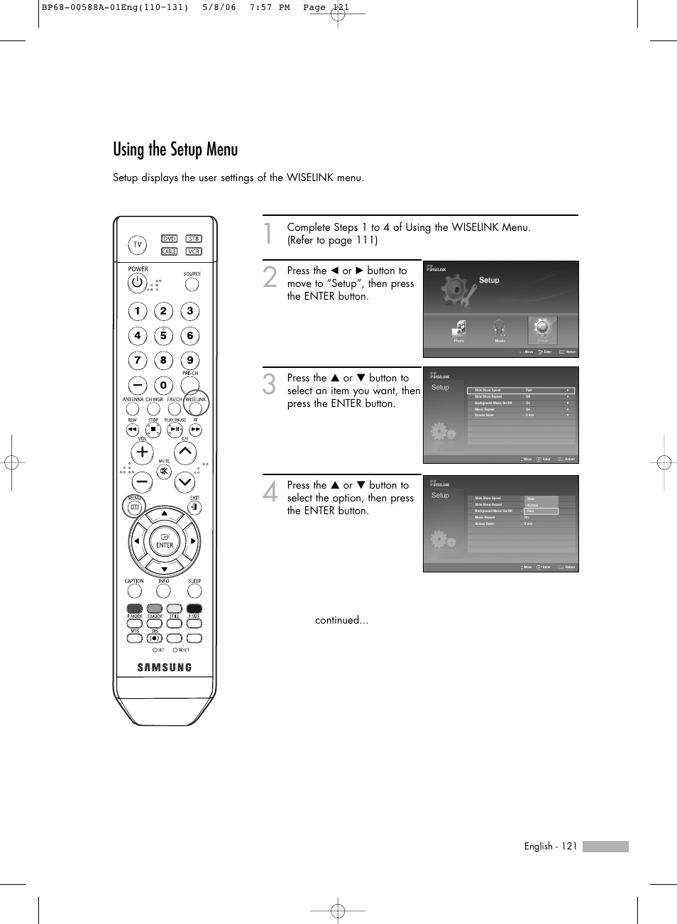 Using the setup menu, English - 121 | Samsung HLS5687WX-XAC User Manual | Page 121 / 132