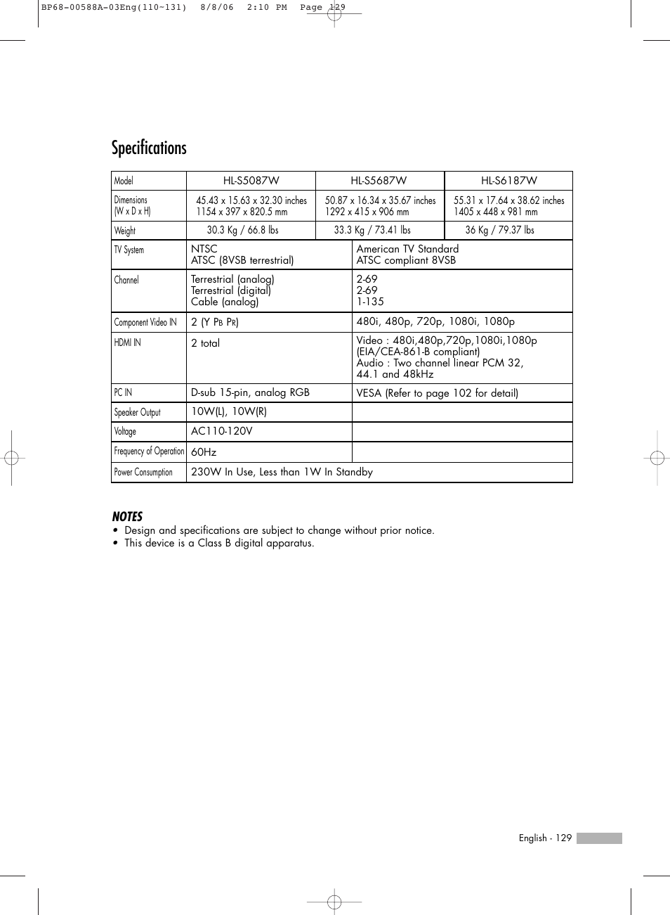 Specifications | Samsung HLS5687WX-XAC User Manual | Page 129 / 132