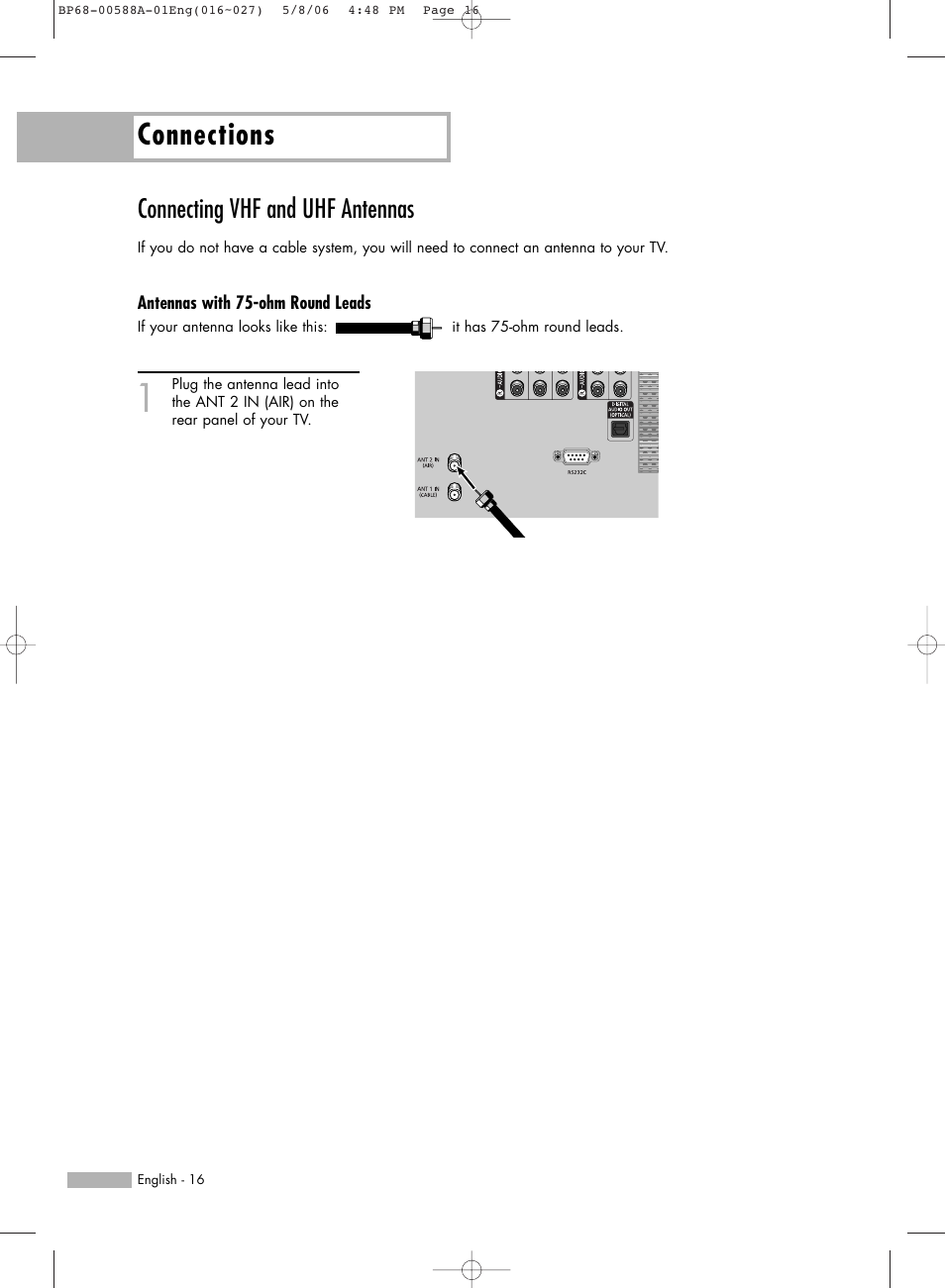 Connections, Connecting vhf and uhf antennas | Samsung HLS5687WX-XAC User Manual | Page 16 / 132