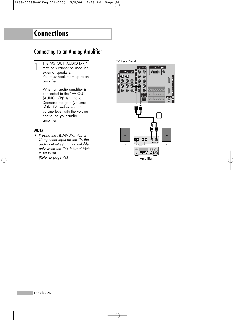 Connecting to an analog amplifier, Connections | Samsung HLS5687WX-XAC User Manual | Page 26 / 132