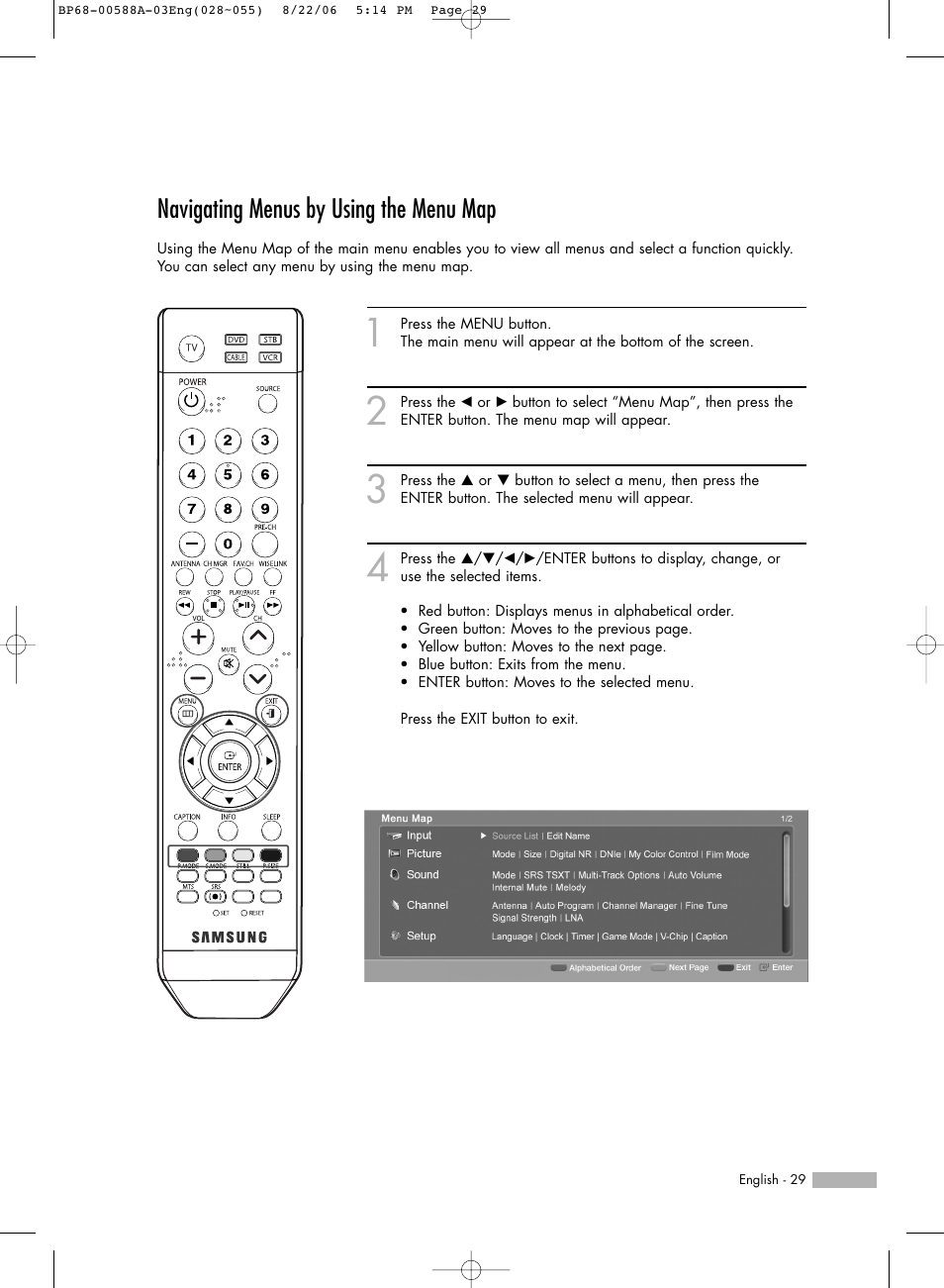 Navigating menus by using the menu map | Samsung HLS5687WX-XAC User Manual | Page 29 / 132