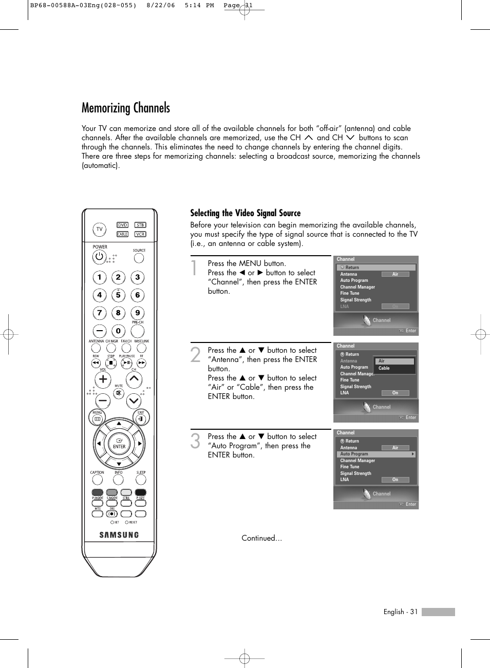 Memorizing channels, Selecting the video signal source | Samsung HLS5687WX-XAC User Manual | Page 31 / 132